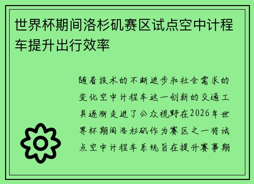 世界杯期间洛杉矶赛区试点空中计程车提升出行效率 世界杯期间洛杉矶赛区试点空中计程车提升出行效率