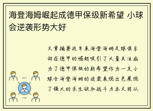 海登海姆崛起成德甲保级新希望 小球会逆袭形势大好